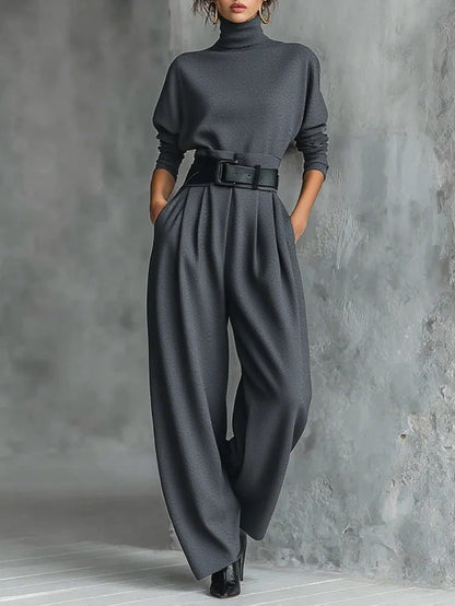 Women's Turtleneck Wide Leg Pants Two Piece Set with Belt