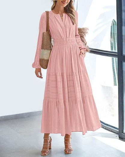 Women's V-Neck Long Sleeve Tiered Maxi Smocked Cotton Dress