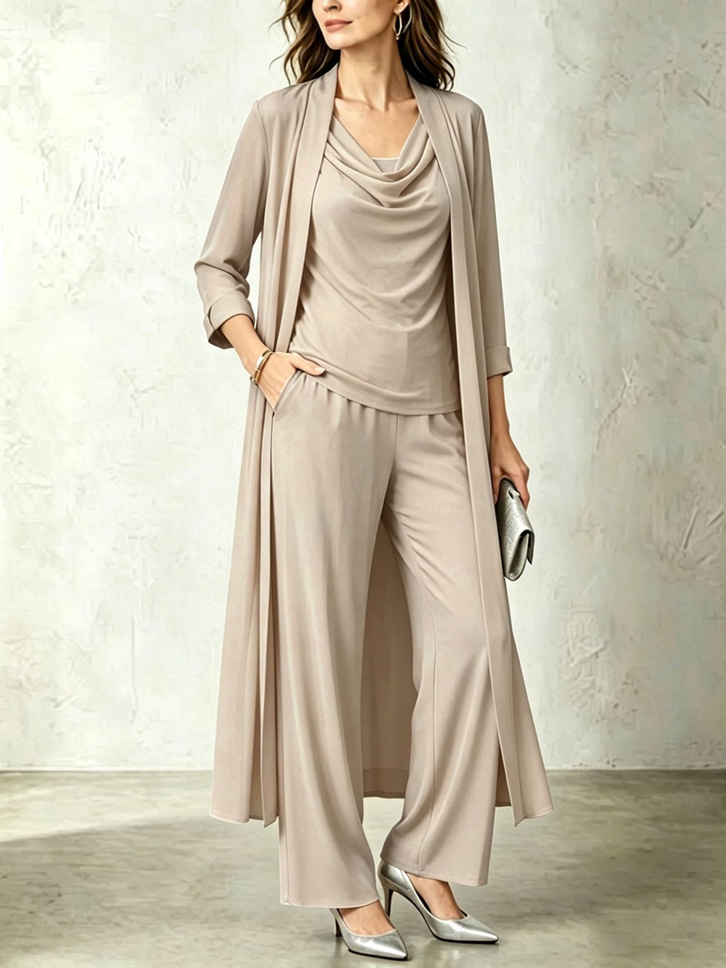 Women's 3 Piece Cowl Neck Long Cardigan Wide Leg Pants Set