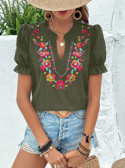 Floral Embroidered Puff Sleeve V Neck Chiffon Blouse