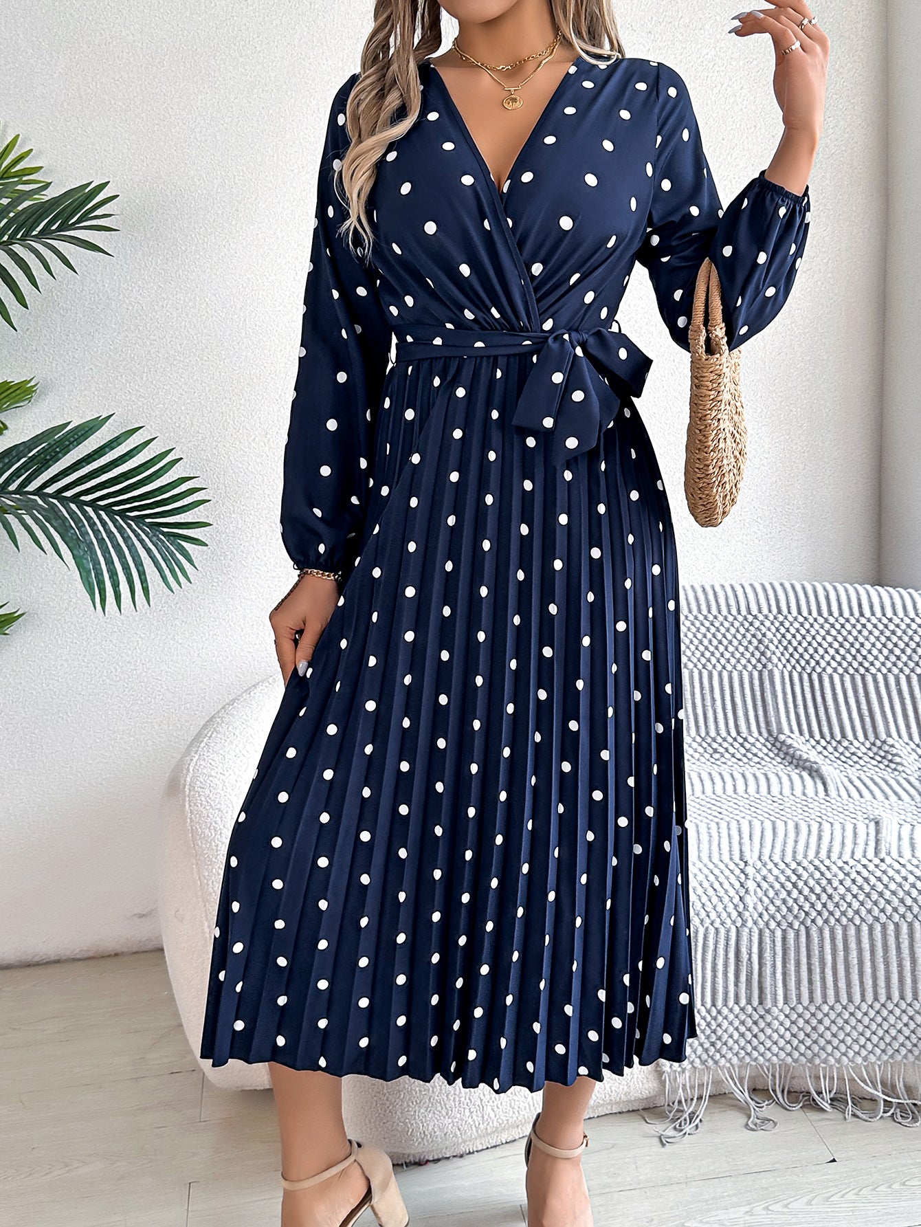 Elegant Polka Dot Cross-Over V-Neck Pleated Midi Dress