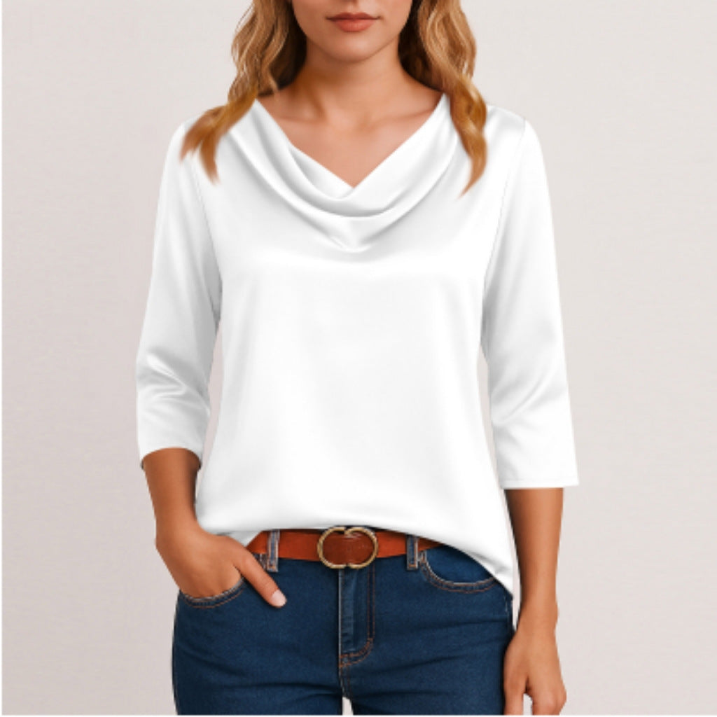 Women's Satin Cowl Neck Blouse 3/4 Sleeve Top