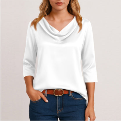 Women's Satin Cowl Neck Blouse 3/4 Sleeve Top