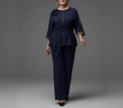 Women's Elegant Belted 2-Piece Floral Pant Set