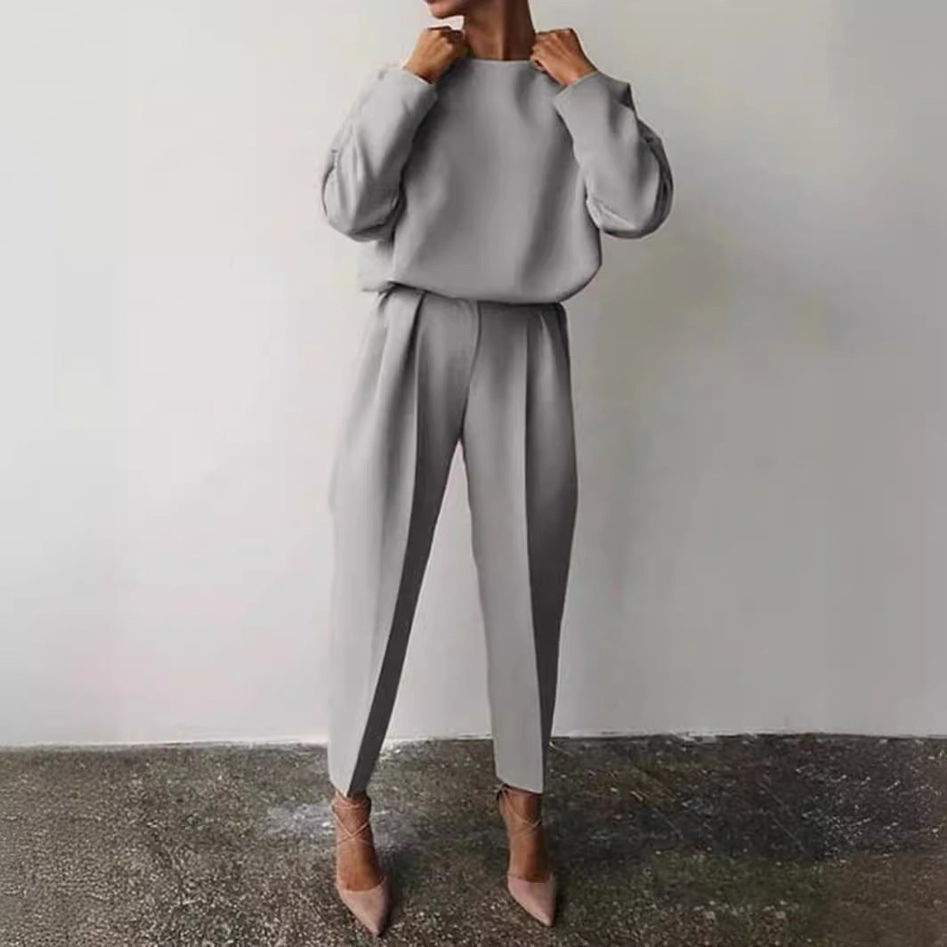 Women's Solid Casual Two Piece Set Long Sleeve Top Pants