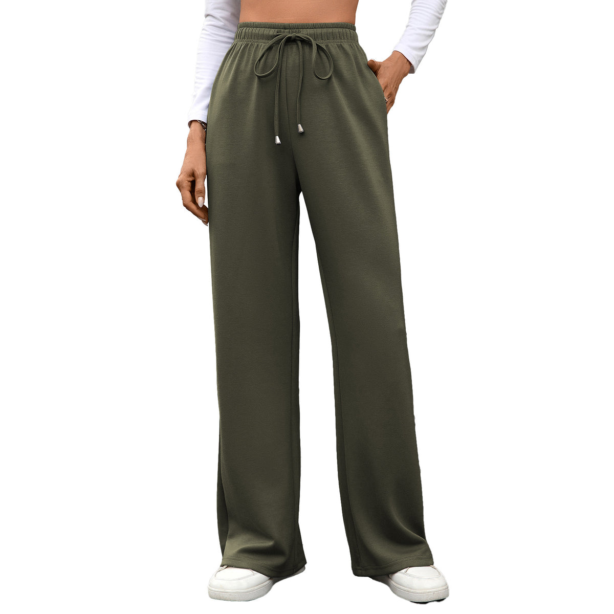 Womens Wide Leg Pants Elastic Waist Drawstring Pockets