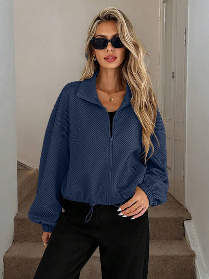 Textured Zip Up Bomber Jacket Drawstring Hem Casual Coat