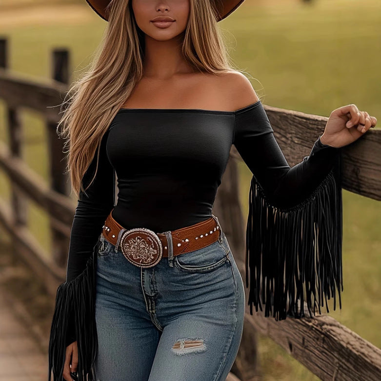 Western Fringe Off Shoulder Crop Top