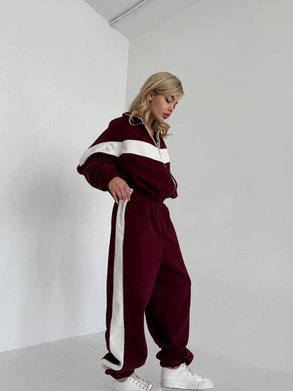 Womens Color Block Zip Up Tracksuit 2 Piece Set