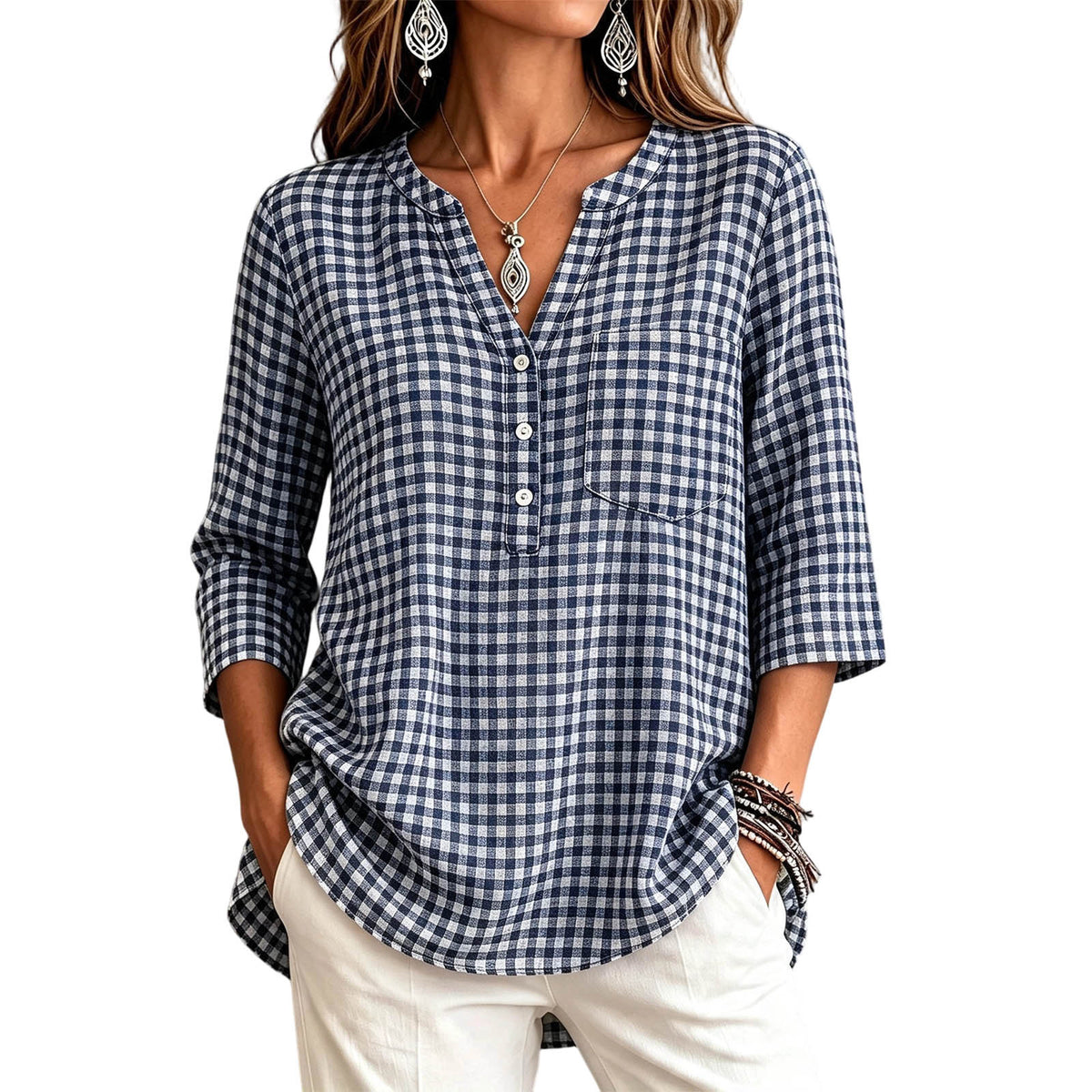 Women's Gingham V Neck 3/4 Sleeve Loose Casual Blouse