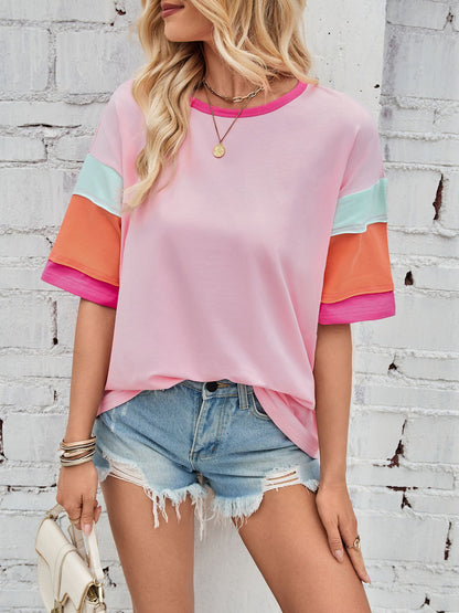 Colorblock Cotton Tee Loose Crew Neck Short Sleeve