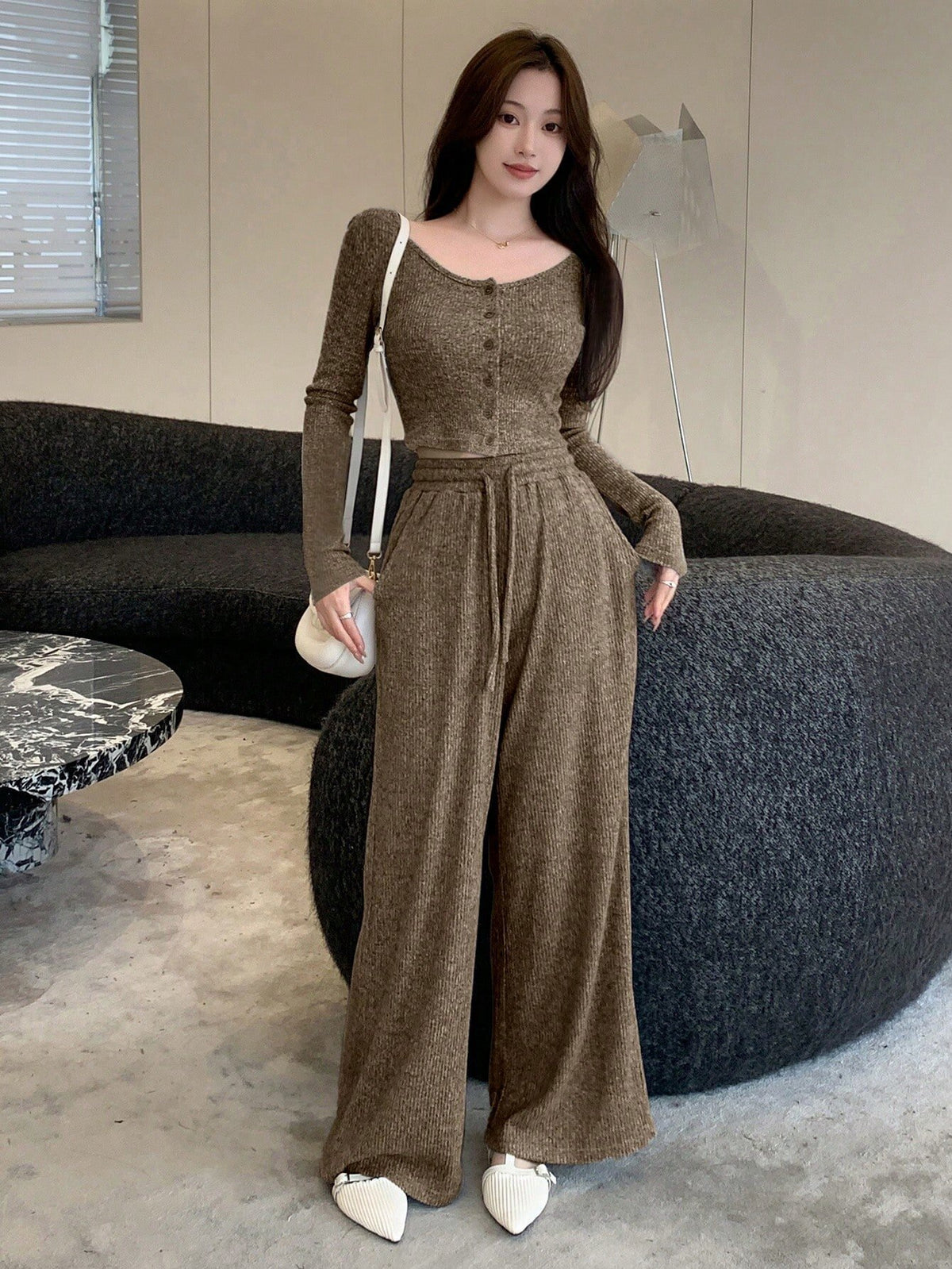 Women's Ribbed Two Piece Set Wide Leg High Waist Pants