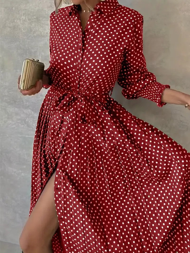 Polka Dot Maxi Dress Long Sleeve Collared Button Pleated
