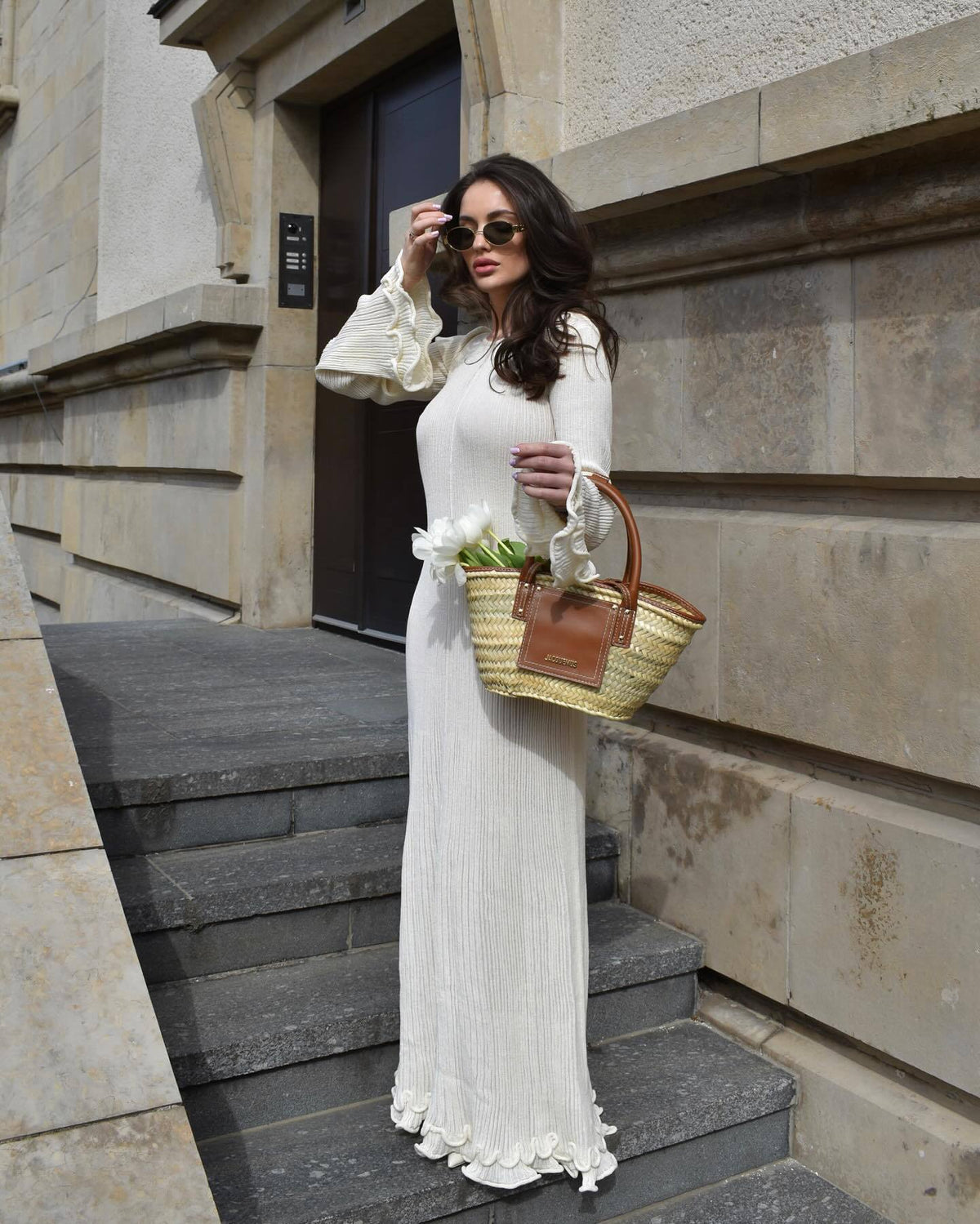 Ribbed Maxi Dress Long Sleeve Tie Back Ruffle Hem