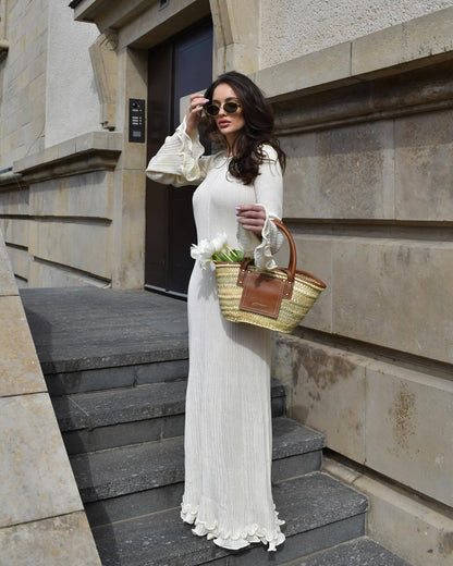 Ribbed Maxi Dress Long Sleeve Tie Back Ruffle Hem