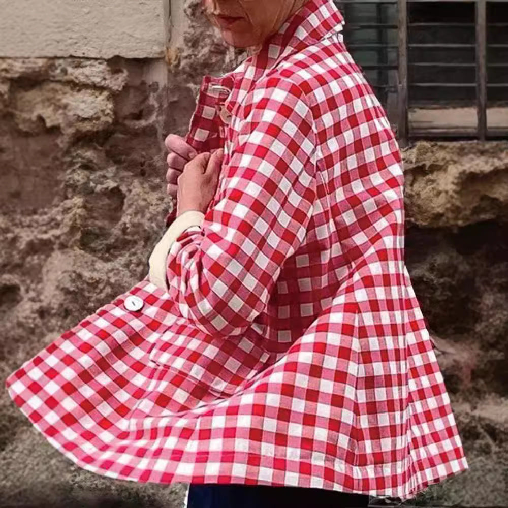 Womens Red Gingham Plaid Jacket Cotton Linen Blend