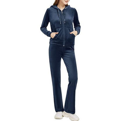 Women's Velvet Zip Hoodie Wide Leg Pants Set