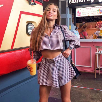 Gingham Long Sleeve Shirt and Skirt Two Piece Set