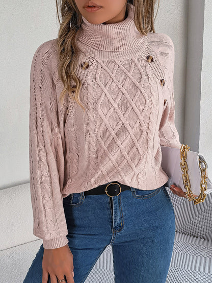 2025 Fall Winter Buttoned Cable Knit Turtleneck Sweater