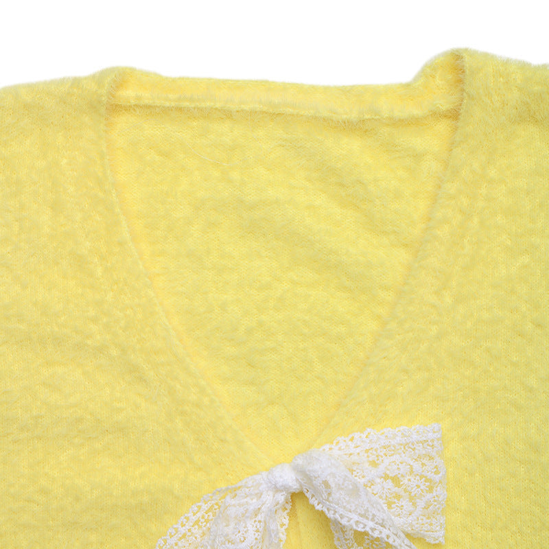 Fuzzy Knit Lace Bow Tie V Neck Cardigan Sweater