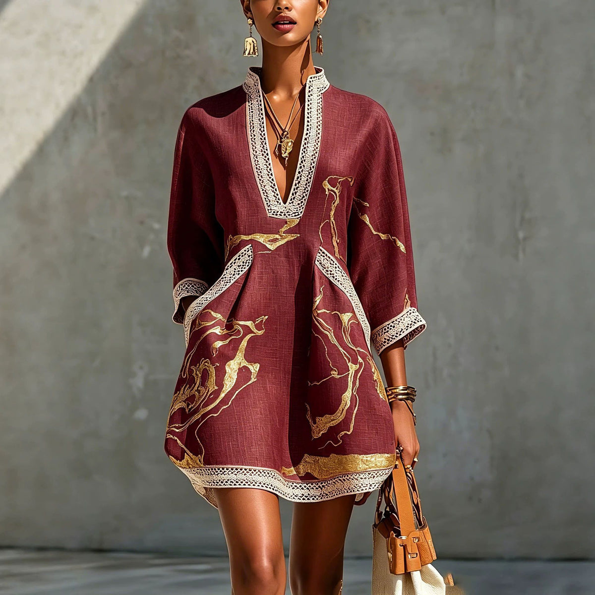 Women's V-Neck Lace Gold Metallic Mini Dress 3/4 Sleeve