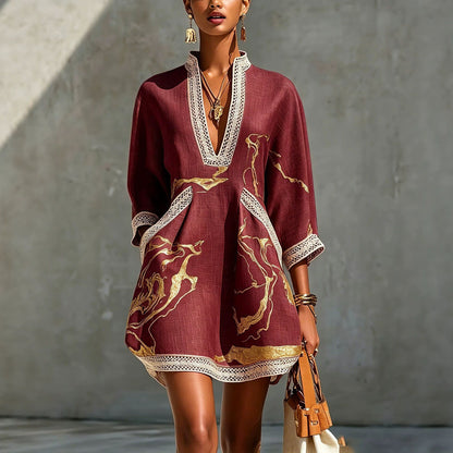 Women's V-Neck Lace Gold Metallic Mini Dress 3/4 Sleeve