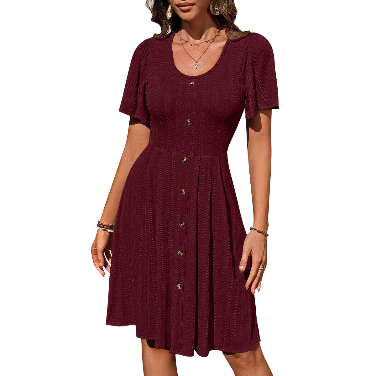 Round Neck Button Elastic Waist Casual Dress