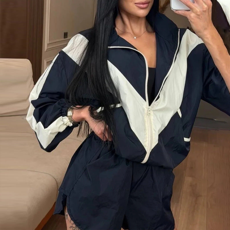 Women's Color Block Zip Jacket Shorts Set
