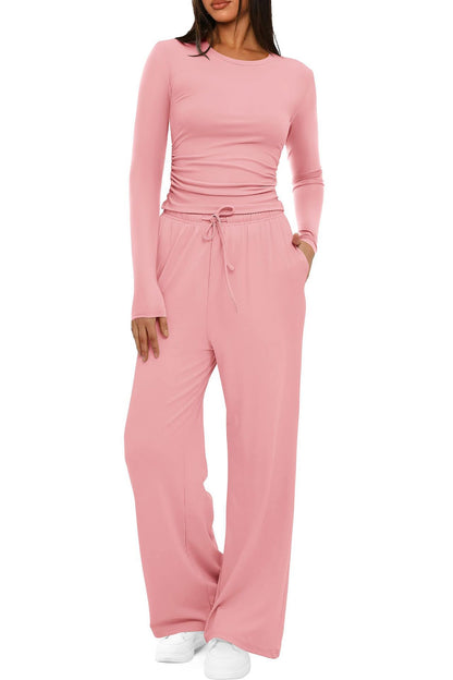 Women's Ruched Long Sleeve Top Wide Leg Pants Lounge Set