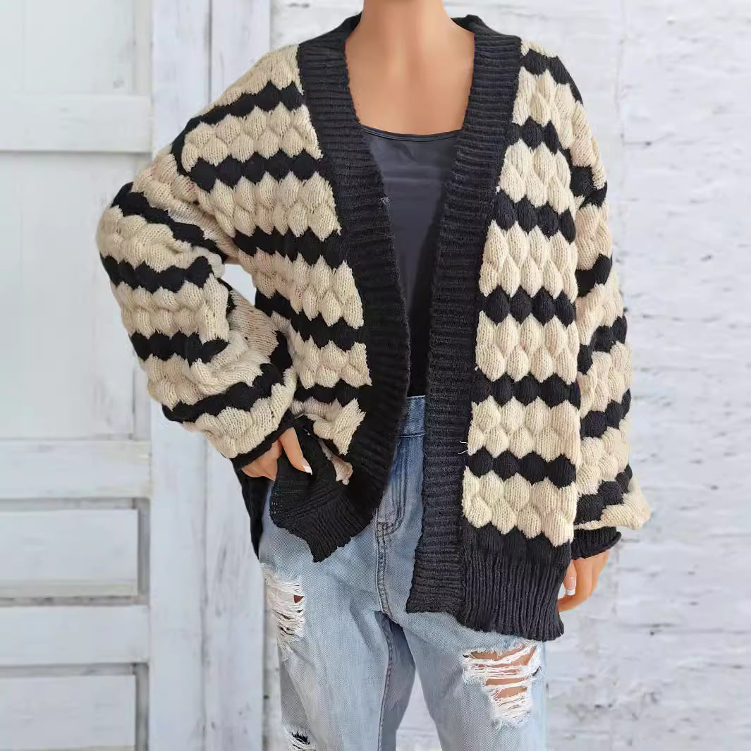 Women's Three-dimensional Contrasting Color Splicing Striped Cardigan Sweater