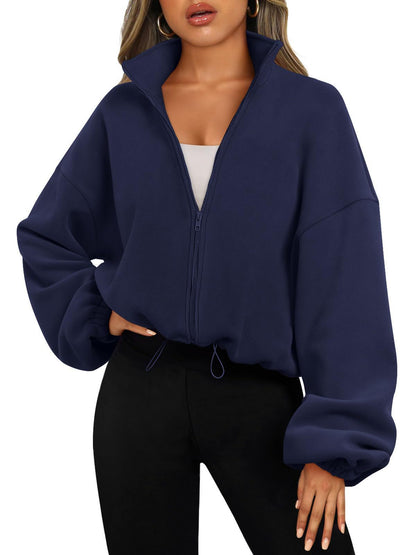 Women's Oversized Stand Collar Zip Up Fleece Jacket