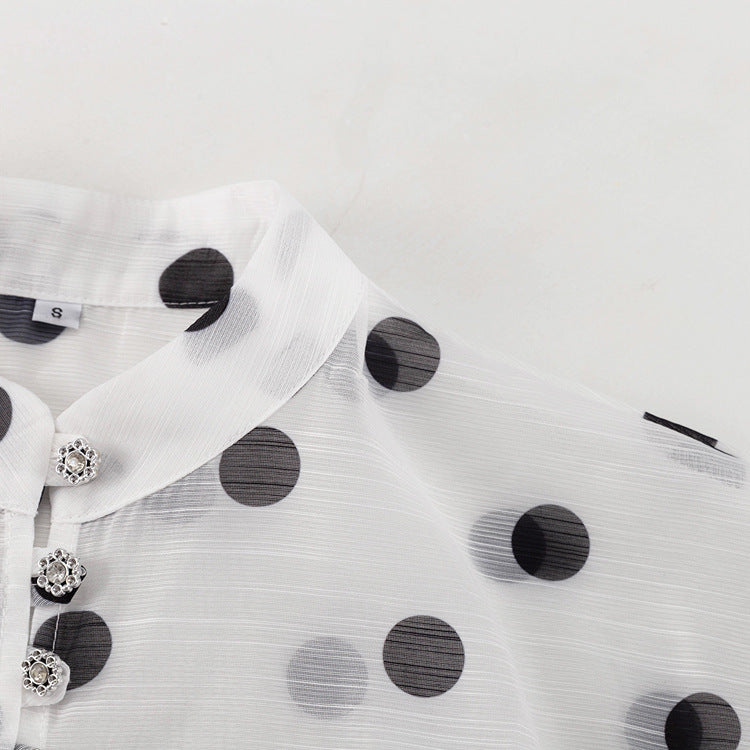 Polka Dot Ruffle Stand Collar Blouse Tie Waist Long Sleeve