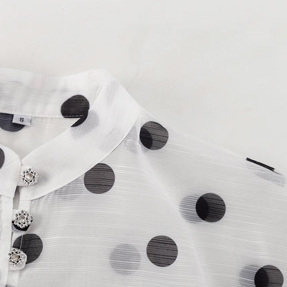 Polka Dot Ruffle Stand Collar Blouse Tie Waist Long Sleeve