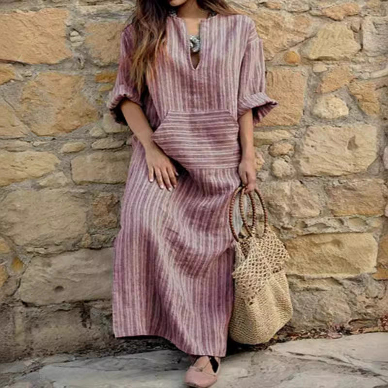 Striped Cotton Linen Maxi Dress V-Neck Pockets