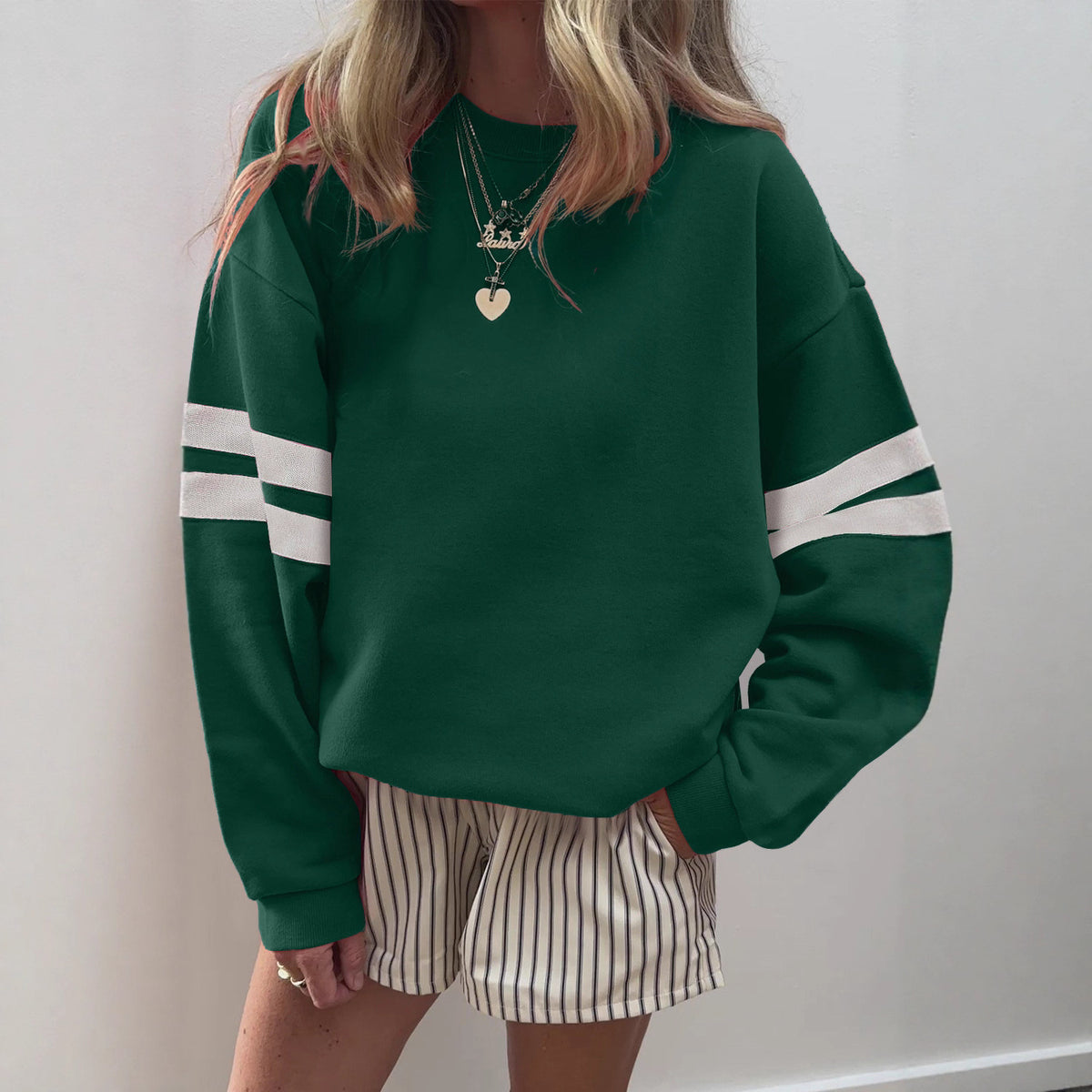 Oversized Crewneck Sweatshirt Women Striped Sleeve Pullover