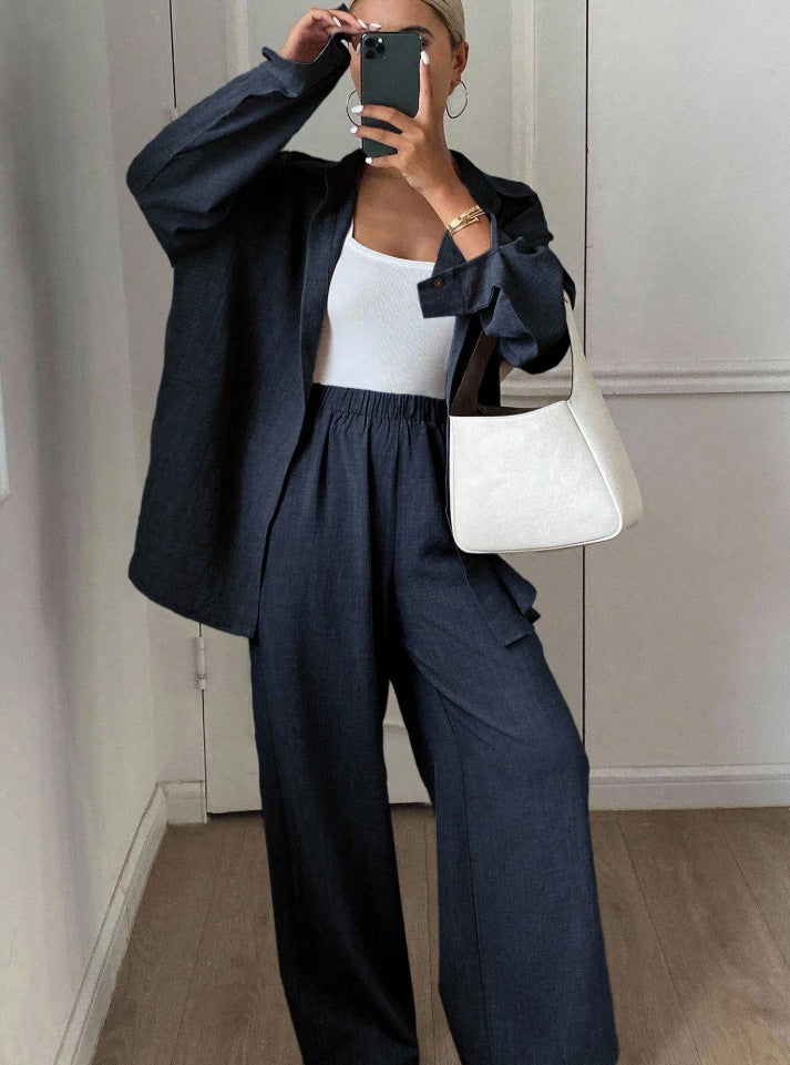 Linen Blend Button Down Shirt Wide Leg Pants Matching Set