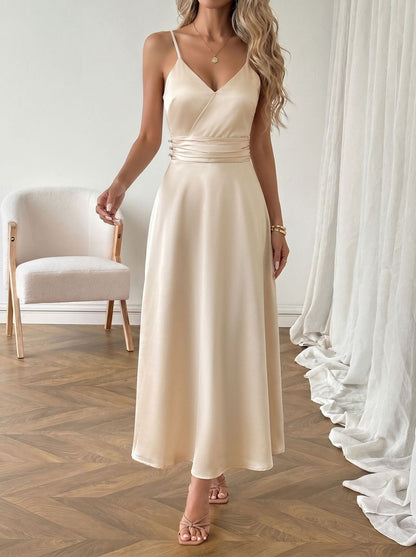 Satin Maxi Dress V Neck Cami Waist Tie Elegant