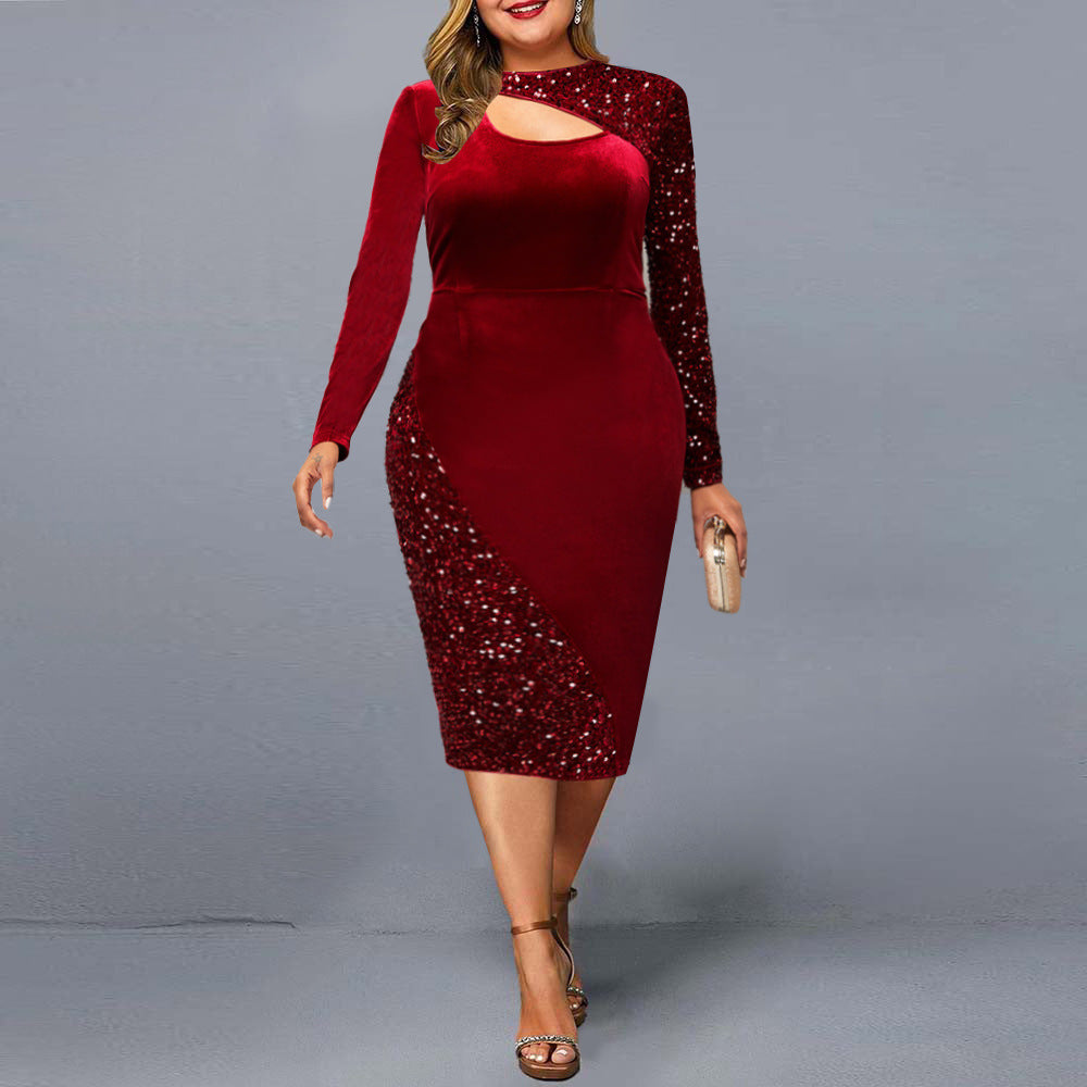 Plus Size Velvet Sequin Cutout Bodycon Midi Dress