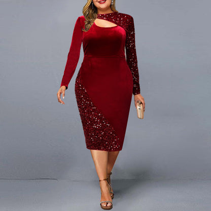 Plus Size Velvet Sequin Cutout Bodycon Midi Dress