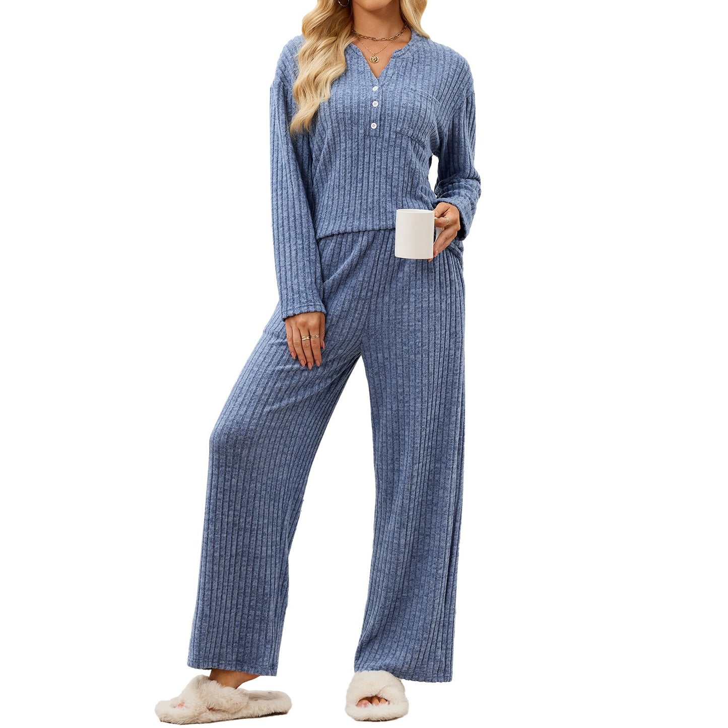 Women's Ribbed V-Neck Button Top Wide Leg Pants Lounge Set