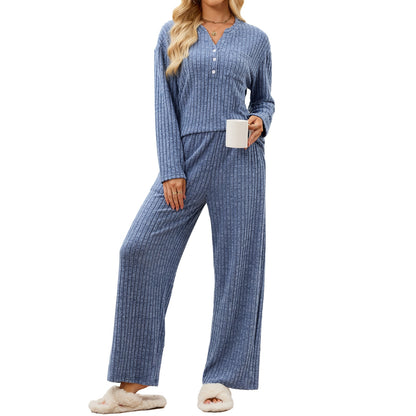 Women's Ribbed V-Neck Button Top Wide Leg Pants Lounge Set