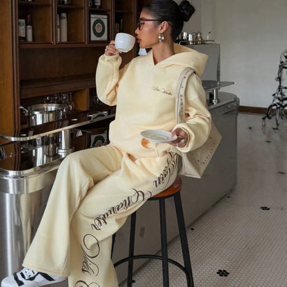 Embroidered Hoodie Lounge Set Wide Leg Sweatpants