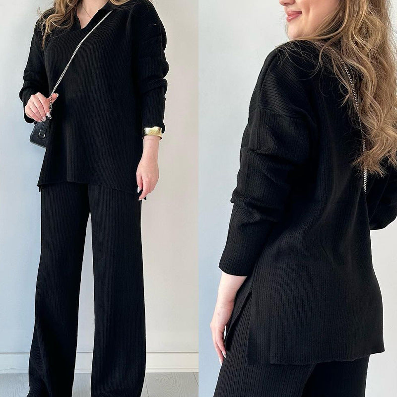 Ribbed Knit Side Slit Lounge Set Wide Leg Pants