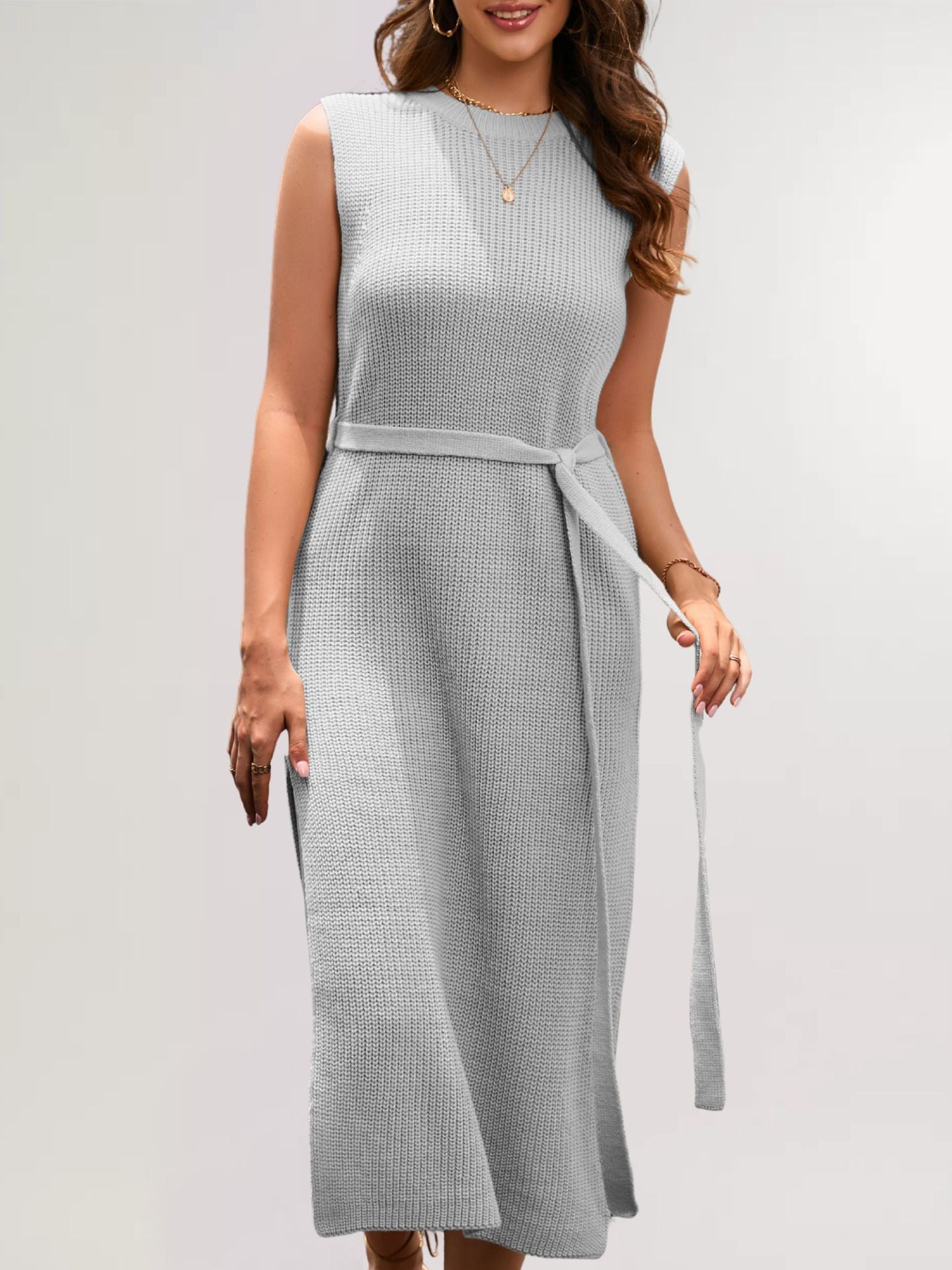 Solid Knit Midi Dress Sleeveless Belted Slit Sweater Dress