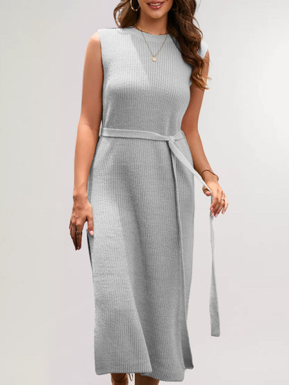 Solid Knit Midi Dress Sleeveless Belted Slit Sweater Dress