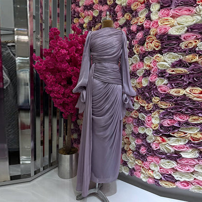 Elegant Ruched Long Sleeve Maxi Dress Evening Gown