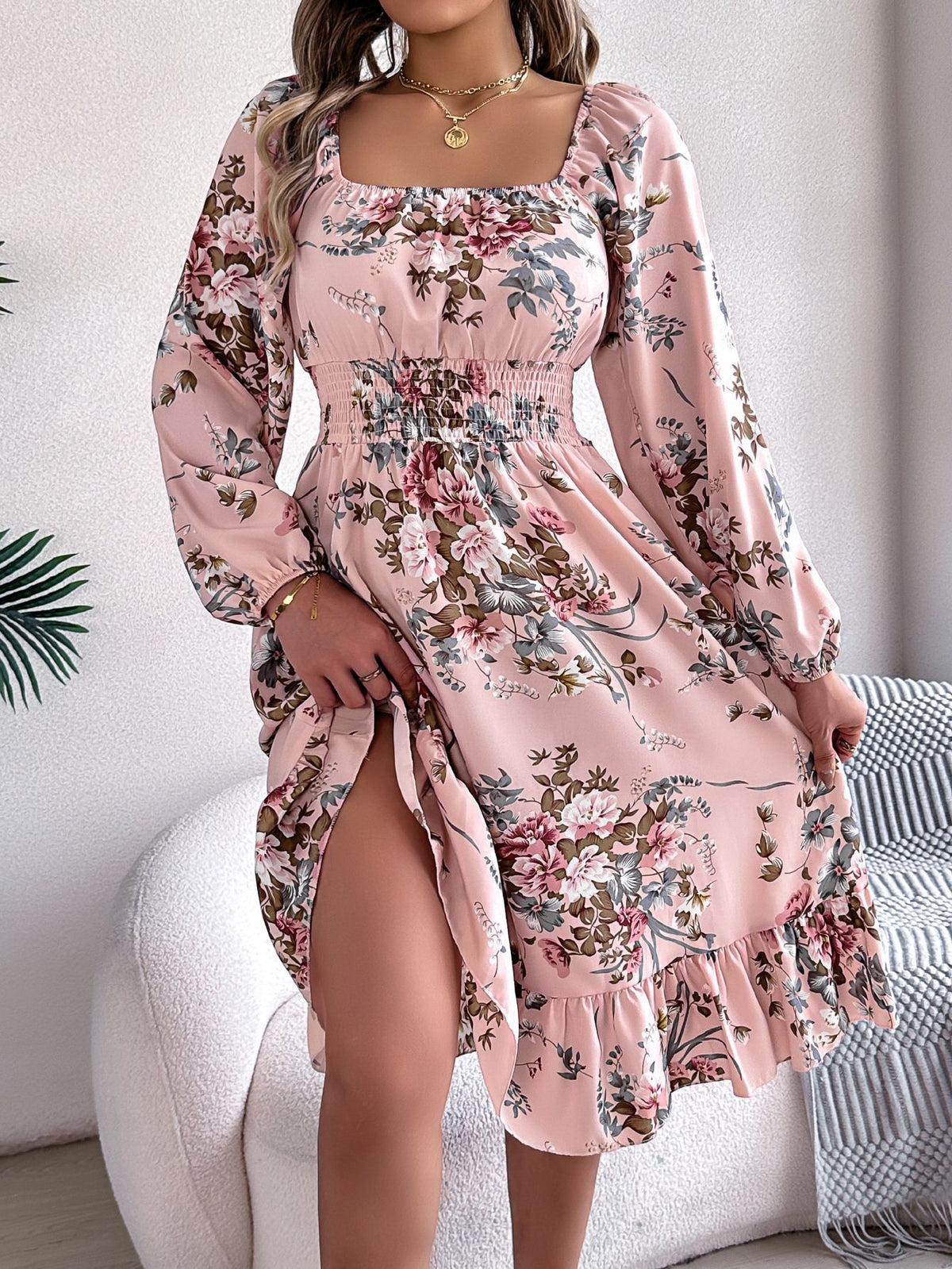 Floral Square Neck Long Sleeve Ruffle Midi Dress