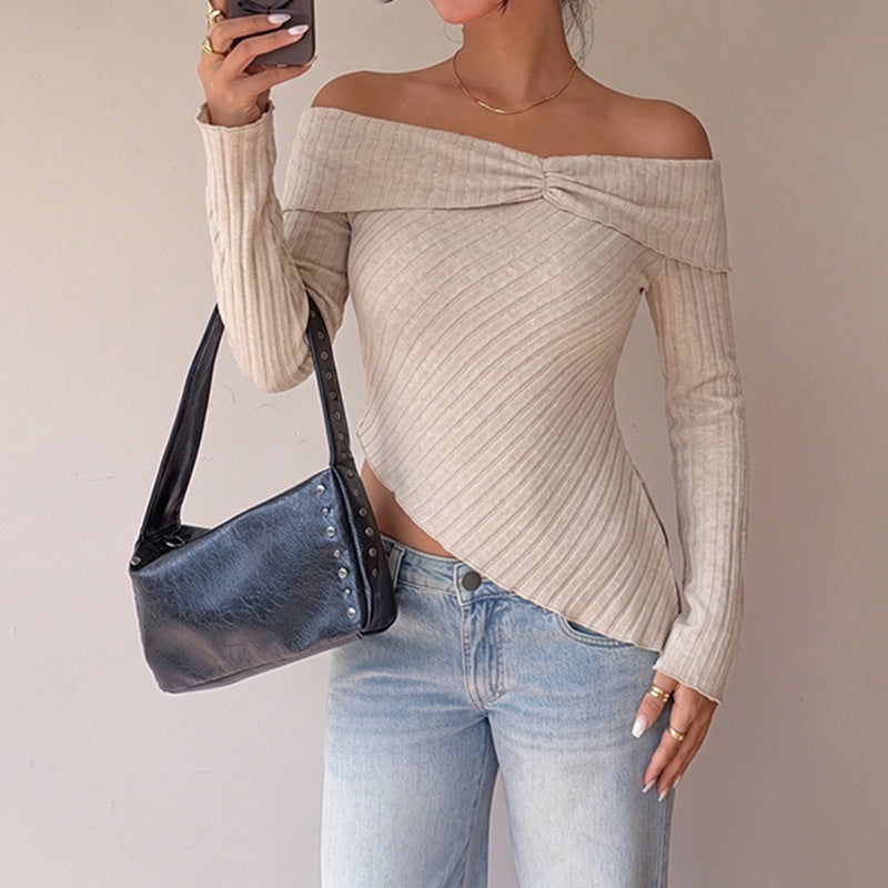 Off Shoulder Ribbed Asymmetrical Long Sleeve Top