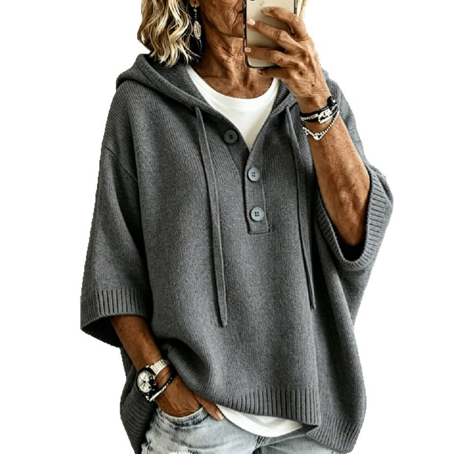Womens Oversized Hooded Button Knit Sweater