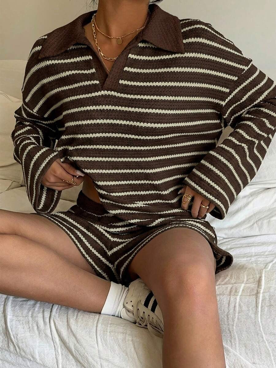 Striped Polo Lounge Set Long Sleeve Top & Shorts Set